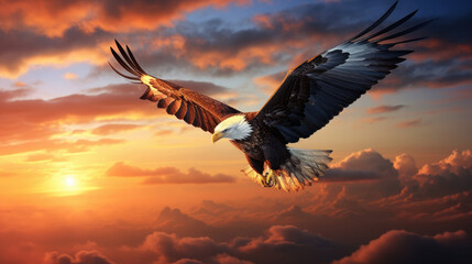 Bald eagle flying above the clouds at sunset