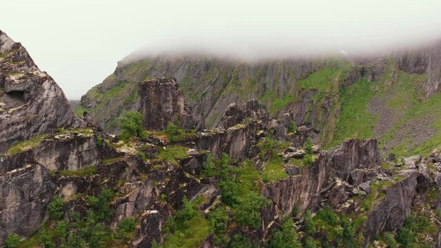 Aerial perspective of mossy mountain wall, stunning Lofoten islands' rocky coastline.