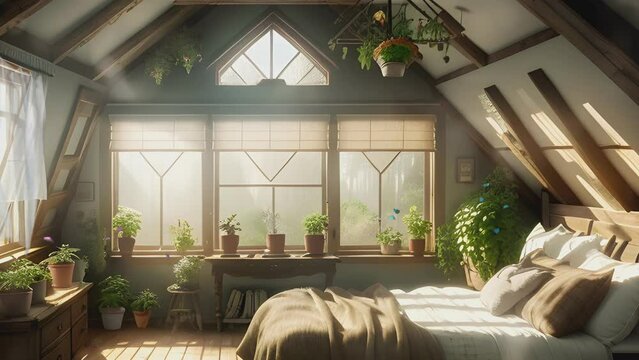 the bedroom atmosphere of a comfortable wooden house with flower decoration and morning sunlight. Cartoon or anime illustration style. seamless looping 4K time-lapse virtual video animation background