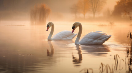 Naklejka premium Couple swan in the lake with mist in the morning