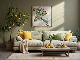 Interior, in light gray tones, living room. Light furniture, a green bush in a pot. AI generated