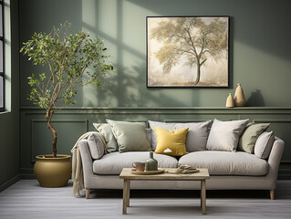 Interior, in light gray tones, living room. Light furniture, a green bush in a pot. AI generated
