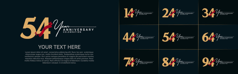 set of anniversary logo with golden number and red ribbon can be use for celebration