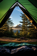 View from inside a tent to the mountains valley with glacier landscape, pov view trekking. hiking, trekking and sports.