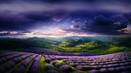 Suggestive aerial view of fields and hills cultivated with lavender, incredibly magical and effective atmosphere
