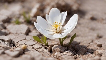 white crocus flower growing in dry  cracked mud