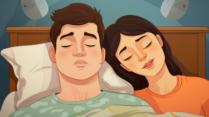 Snoring man. Couple in bed, men snoring and women can not sleep, covering ears with pillow for snore noise. Young interracial couple, Asian woman, Caucasian men sleeping in bed at home.