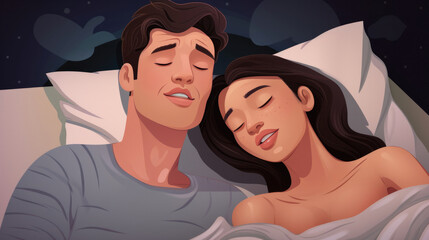 Snoring man. Couple in bed, men snoring and women can not sleep, covering ears with pillow for snore noise. Young interracial couple, Asian woman, Caucasian men sleeping in bed at home.