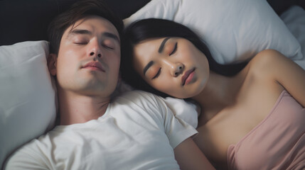 Fototapeta na wymiar Snoring man. Couple in bed, men snoring and women can not sleep, covering ears with pillow for snore noise. Young interracial couple, Asian woman, Caucasian men sleeping in bed at home.