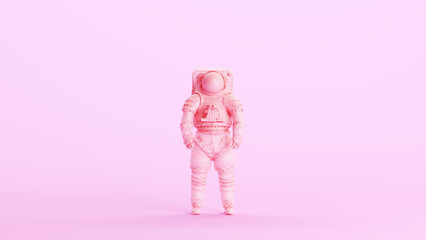 Pink spaceman astronaut cosmonaut space walk suit helmet retro kitsch pink background front view 3d illustration render digital rendering © paul