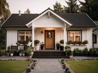Fototapeta na wymiar Cottage in warm beige tones, cozy house exterior. AI generative.