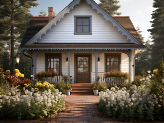 Fototapeta premium Well-lit classic cottage exterior, inviting ambiance. AI generative.