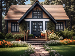 Traditional classic cottage exterior, pleasing design. AI generative.