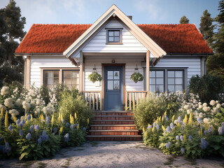 Fototapeta na wymiar Classic cottage featuring a welcoming exterior. AI generative.