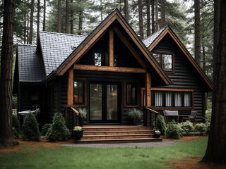 Fototapeta na wymiar Rustic dark wood cottage exterior, pleasing design. AI generative.