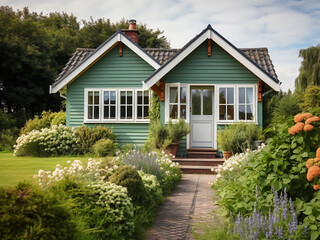 Fototapeta na wymiar Green cottage exterior with refreshing appeal. AI generative.