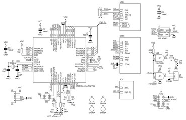 Technical schematic diagram of electronic device.
Vector drawing electrical circuit with button, micro controller, usb, 
logic gates, integrated circuit
and electronic components.
