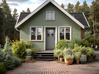 Fototapeta na wymiar Well-lit green cottage exterior, inviting ambiance. AI generative.