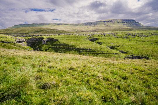 View of one of the three Yorkshire Peaks - Penyghent (pen-y-ghent) in the Yorkshire Dales National Park. In the foreground is Horton Scar.