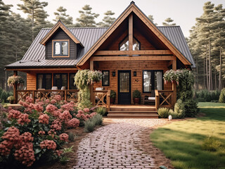 Fototapeta na wymiar Cottage in warm wood tones, welcoming exterior. AI generative.