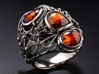 ring metalwork jewelry, black background, meticulous details, symmetry and balance, filigree