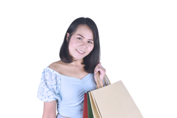 Portrait of excited curious woman holding and looking inside colorful shopping bags, happy about her new clothes or gift, isolated on white background.