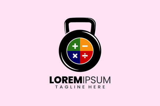 Fitness gym concept vector logo label icon emblem with matematics kettlebell shape workout bodybuilding
