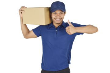 Delivery man holding box on white background.