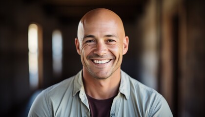 An image of a man approximately 46 years old with a bald head being happy or funny