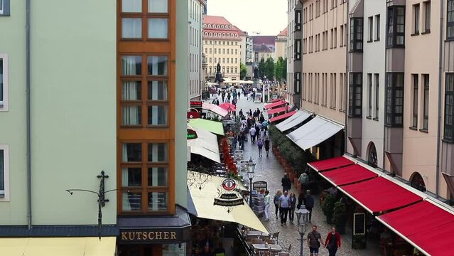 Aerial View: Dresden Streets with Tourists - Exploring Germany's Landmarks. 07.07.2023