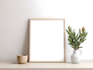Empty picture frames in a simple modern interior, with flower pots and plants next to them,Template for artwork, painting, photo or poster