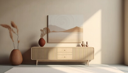 An ivory sideboard with a floor rug in front in a minimalist style