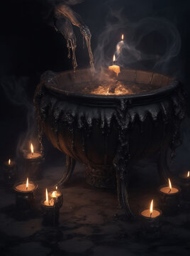 A cauldron of bubbling black liquid, surrounded by a circle of burning candles, as a witch chants an ancient incantation of dark magic

