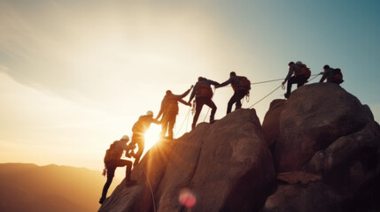 Fototapeta premium Silhouettes blurred of business people, climbing a mountain, teamwork, and Challenge of business concept, Symbol of successful achievement with a goal and objective target