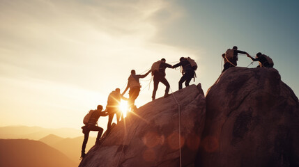 Silhouette of Group business person climbing a mountain, teamwork, and Challenge of business concept, Symbol of successful achievement with a goal and objective target - obrazy, fototapety, plakaty