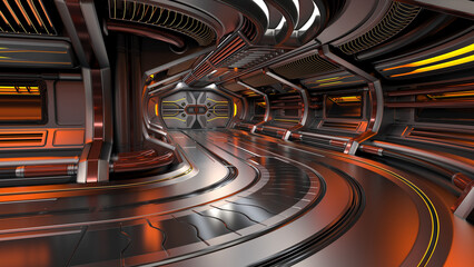 Futuristic spaceship interior or sci-fi corridor. Detailed machine room with advanced robotic technology. 3d rendering 