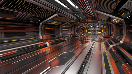 Futuristic spaceship interior or sci-fi corridor. Detailed machine room with advanced robotic technology. 3d rendering 