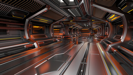 Futuristic spaceship interior or sci-fi corridor. Detailed machine room with advanced robotic technology. 3d rendering 