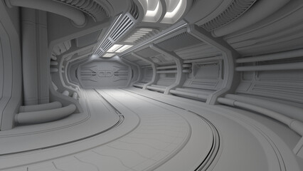 Futuristic spaceship interior or sci-fi corridor. Detailed machine room with advanced robotic technology. 3d rendering in wireframe