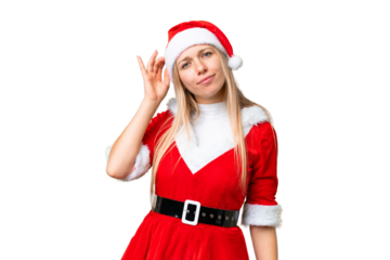 Young blonde woman with christmas hat over isolated chroma key background having doubts