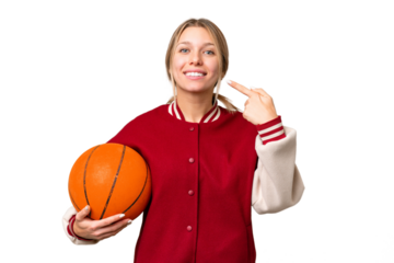 Young hispanic woman playing basketball over isolated white background giving a thumbs up gesture