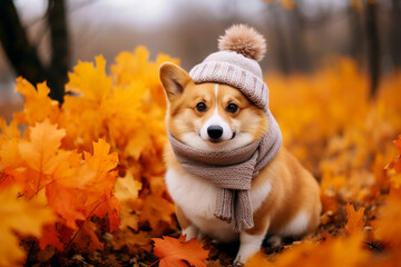 Corgi dog in a scarf and hat, sitting in the foliage of an autumn park.
