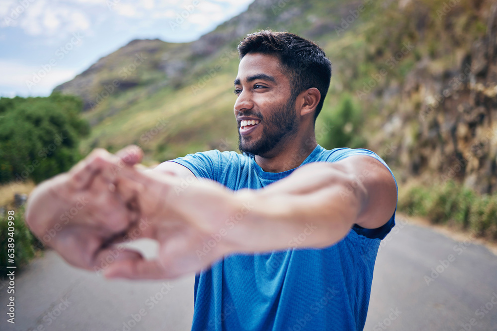 Poster Hands, stretching and happy in a road for fitness, training or morning cardio routine in nature. Body, stretch and male runner outdoor for health, exercise and running, workout and performance goal