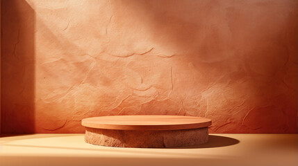 Fototapeta na wymiar Mockup of an empty podium made of natural terracotta stone for products against a terracotta wall shadows. 3D pedestal for demonstration or promotional purposes. Generative AI