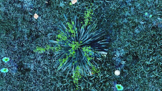 fantasy blue flower garden. top view of blue flowers blowing in the wind. 3d animation of flowers and blue grass. fantasy vegetation 3d background