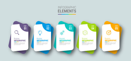 Concept with 5 steps in a row.  colorful graphic elements. Timeline design for flyers, presentations. Infographic design layout