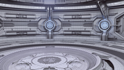 Futuristic spaceship interior or sci-fi corridor. Detailed machine room with advanced robotic technology. 3d rendering in wireframe