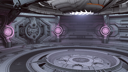 Futuristic spaceship interior or sci-fi corridor. Detailed machine room with advanced robotic technology. 3d rendering in wireframe