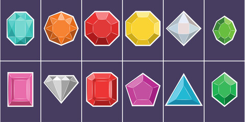 Vector beautiful shiny colorful gems. Gemstones vector icons, diamonds and jewels, rubies, emeralds, topazes, sapphires.