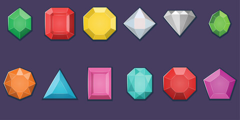 A set of various colored jewels. Gemstones vector icons, diamonds and jewels, rubies, emeralds, topazes, sapphires.